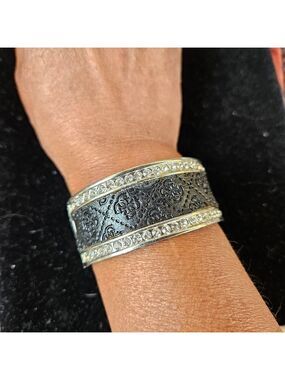 Guess Black Logo Leather and Crystal Silver-tone Hinged Bracelet